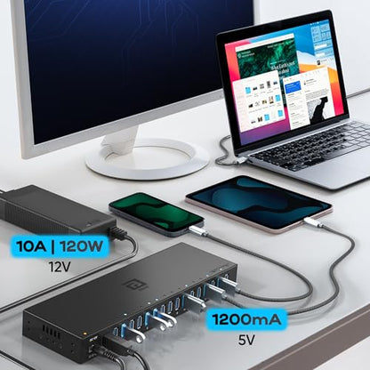 16-Port Powered USB 3.0 Hub, Desktop USB Expansion Hub with 5Gbps High-Speed Data Transfer, Aluminum USB Splitter for Multiple Devices, AC Power Adapter Included for PC and Laptop Use