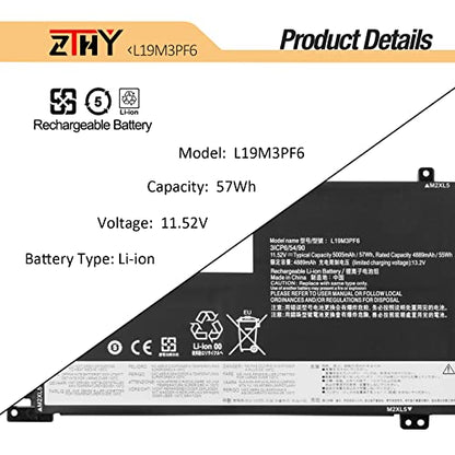 57Wh L19M3PF6 L19L3PF2 L19C3PF5 Laptop Battery Replacement for Lenovo Ideapad 5-15IIL05 5-15ARE05 5-15ITL05 5-15ARE05 5 15IAL7 5 15ABA7 Series 82SG L19M4PF1 L19L4PF1 L19C4PF1 L19D3PF3 L19C3PF4 11.52V - size: 8.66*5*0.28 inch L19M3PF6