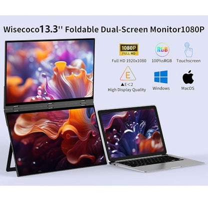 wisecoco 13.3'' Dual Touch Screen OLED Triple Monitor IPS FUD 1080P USB-C HDMI HDR Secondary Display Foldable Laptop PC Gaming Monitor 100% sRGB Windows Mac Android Plug&Play Flip S3+