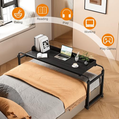 Adjustable Height Overbed Table, Rolling Overbed Bedside Desk with Raised Baffle and Spacious Desktop, Over BedTable with Wheels for Home Office Bedroom Hospital Use (Matte Black) - color: Matte Black
