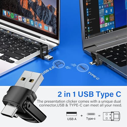 2-in-1 USB Type C Presentation Clicker, Clicker for PowerPoint Presentation | Rechargeable Wireless Presenter Remote , RF 2.4GHz USB PowerPoint Clicker Slide Advancer with Volume Control