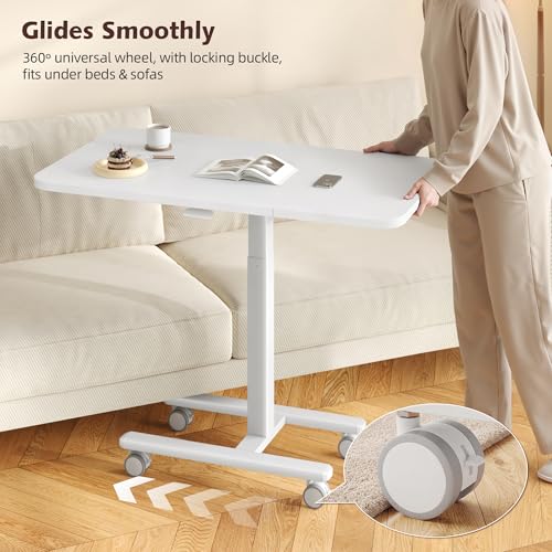 Homkdom C Shaped Table with Wheels, Side End Table with Extended Desktop, Adjustable Rolling Desk for Small Space, Dorm, Height Adjustment (29.5"-44"), White - color: White