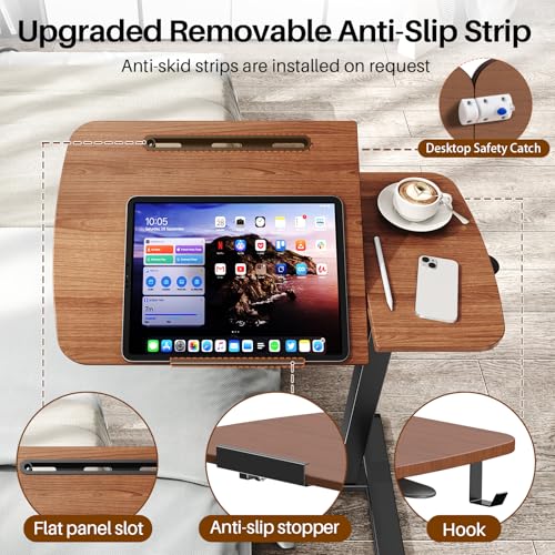 Overbed Table with Wheels, Pneumatic Height and Tilting Desktop | Top Tilts 0-60° with Anti-Slip Stops, Hook, Capacity 66 lbs, 1.18 in Low-Profile Base Slides Easily Under Beds and Sofa - color: Brown