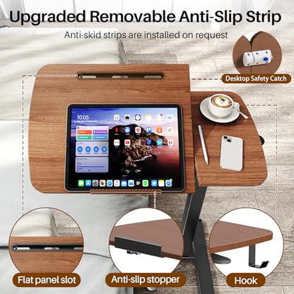 Overbed Table with Wheels, Pneumatic Height and Tilting Desktop | Top Tilts 0-60° with Anti-Slip Stops, Hook, Capacity 66 lbs, 1.18 in Low-Profile Base Slides Easily Under Beds and Sofa - color: Brown