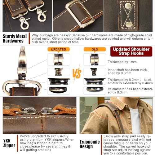 Masa Kawa Leather 15.6" & 17" Laptop Briefcase Men Business Messenger Bag | Full Grain Cowhide Business Travel Office Work Crossbody Shoulder Professional Attache Case for 2 Computers - color: Coffee Color-fits 17" Laptop