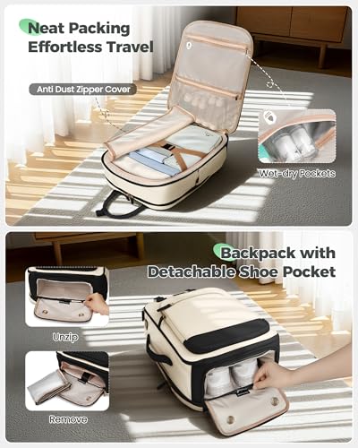 MATEIN HER Underseat Backpack with Removable Shoe Compartment for Frontier | Personal Item Bag, 18×14×8 inch, Flight Approved, Overhead Bin, Carry on Luggage with Padded 15.6" Laptop Sleeve, 3 Set - color: Beige