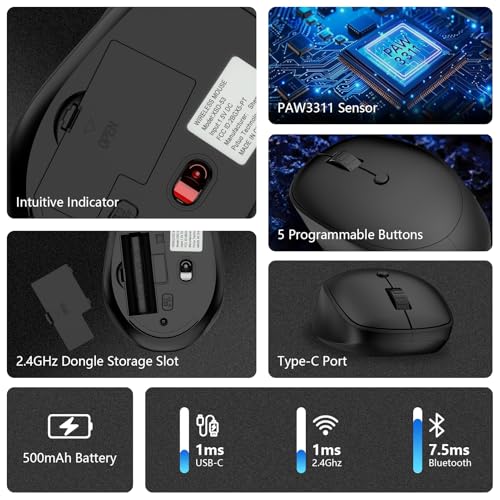 Wireless Mouse for Laptop,2.4GHz Computer Mouse with USB A Receiver,4 Buttons Bluetooth Mice Gaming Mice Silent Ergonomic Cordless 1200/1600/2400 DPI for Chromebook PC Laptop MacBook iPad Windows Dell