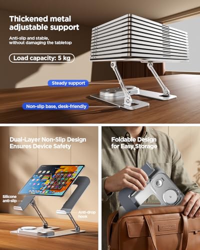 Adjustable Laptop Stand with Wireless Charger, 3-in-1 Charging Station for Phone and Watch, Ergonomic Aluminum Notebook Riser with LED Light, Qi2 Fast Charging (Silvery)