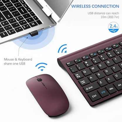 Wireless Keyboard and Mouse Ultra Slim Combo, TopMate 2.4G Silent Compact USB 2400DPI Mouse and Scissor Switch Keyboard Set with Cover, Batteries Included, for PC/Laptop/Windows/Mac - Wine Black - color: Wine Black