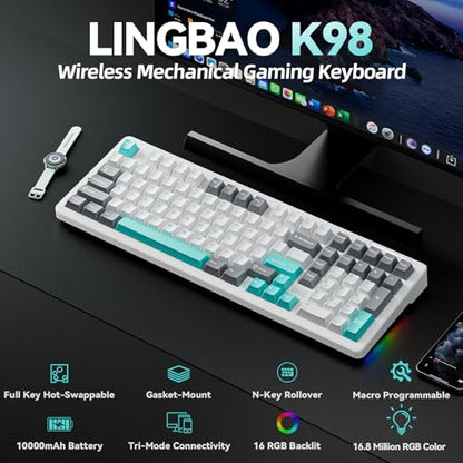 LINGBAO K98 96% Mechanical Creamy Wireless Gaming Keyboard With Number Pad | BT5.0/2.4G/USB-C, Gasket Custom Hot-Swappable Keyboard, 10000mAh Battery, RGB Backlit, Creamy Sound for Windows Mac PC Gamers - color: K98 | 10000mAh | White Blue Grey