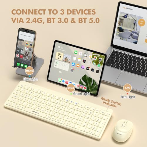 Wireless Keyboard and Mouse Combo for Desktop Mac iPad Bluetooth 2.4 Ghz Rechargeable Ultra Silent Click with Number Pad Compatible with Pc, Laptop, Tablet (Cream) - color: Cream