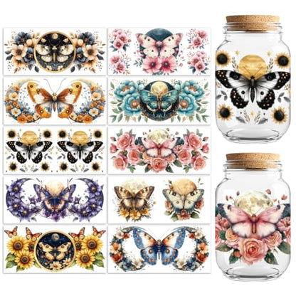 Flower Moth UV DTF Cup Wraps, 10 Sheets Transfer Sticker | Waterproof UV DTF Stickers, Custom Vinyl Decals for 16oz Coffee Cups Tumblers Bottles Mugs, DIY Gifts & Crafts - style: Flower Moth