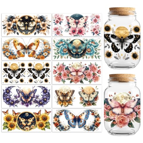 Flower Moth UV DTF Cup Wraps, 10 Sheets Transfer Sticker | Waterproof UV DTF Stickers, Custom Vinyl Decals for 16oz Coffee Cups Tumblers Bottles Mugs, DIY Gifts & Crafts - style: Flower Moth