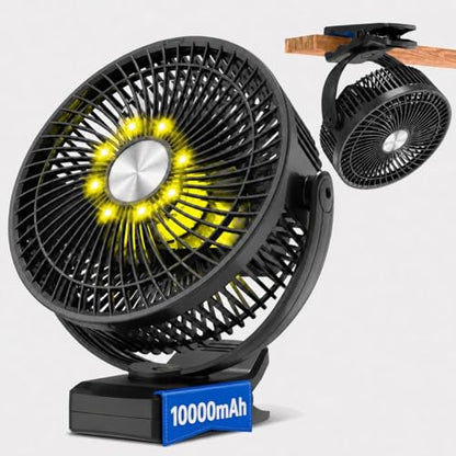 Meudeen 10000mAh Battery Operated Clip on Fan - 8 Inch Portable Timer Fan for Golf Cart - Table - 5 Speeds High-Velocity Airflow - LED Lantern - with Beach - Bedroom - Desk Fan - color: Matte Black