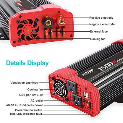 1500W Car Power Inverter Adapter | 12V DC to 110V AC Car Converter Charger Adapter with Dual 3.1A USB Port and AC Outlets Quick Charging - size: 1500W