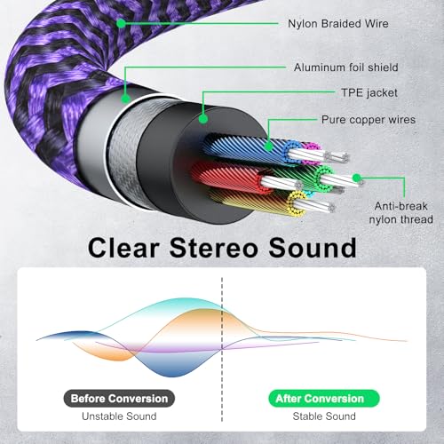 Headphone Splitter Cable 3.5mm Male to 3.5mm Female Headphone & 3.5 mm Microphone Jack Adapter Audio Stereo Y Splitters Adapter HiFi Sound Aux Extension Cable for Earphone Phone PS5 PS4 Switch Tablets - color: purple