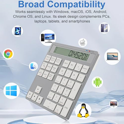 Rechargeable Wireless Number Pad for Laptop - 2-in-1 Dual Bluetooth & Wired Numeric Keypad with Calculator Display, 34 Keys Slim Portable Numpad for PC, MacBook, Tablet - Fast Data Entry & Accounting