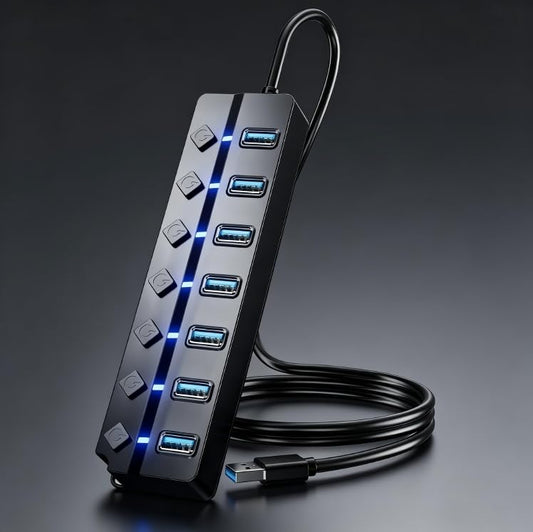 7 Ports USB 3.0 Data Hub with Separate Power Switches, 1.2 Meter Cable Multiport USB Extension Splitter for Computer Laptop Accessories