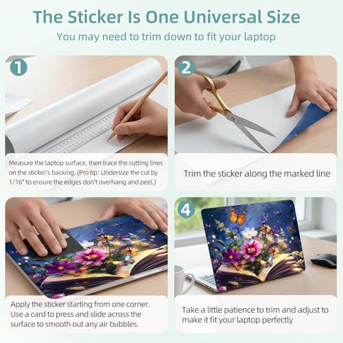 Universal Laptop Skin Decal, 3-Piece Vinyl Protector for 12 13 14 15.6" Notebook, Waterproof Anti-Scratch, Easy Trim & Bubble-Free Finish, Book with Flowers and Butterflies - color: Book with Flowers and Butterflies