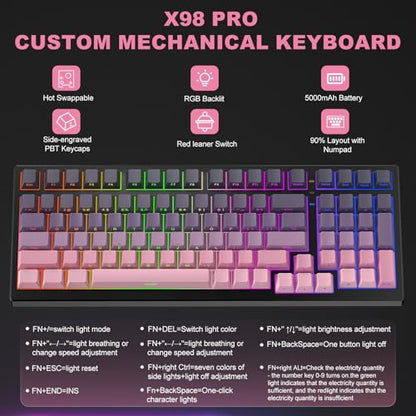 X98 PRO Wireless Mechanical Keyboard,Hot Swappable Custom Keyboard with Number Pad,Linear Switches,Tri-Mode BT5.0/2.4GHz/USB-C,RGB Backlit Computer Gaming Keyboards for Win/Mac/PC