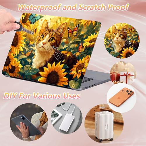 Laptop Skin Sticker Decal 12" 13" 13.3" 14" 15" 15.6",Waterproof Scratch Resistant Vinyl,Reusable Easy to Apply,for MacBook HP Dell Notebooks Netbooks Laptop,2 Wrist Pads,Cute Cat Sunflower - color: Cute Cat Sunflower