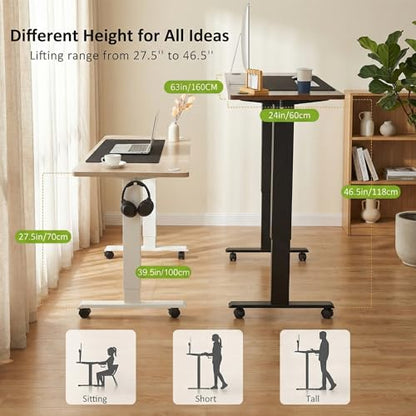 farexon Electric Standing Desk Adjustable Height, 63x24 Inches Computer Gaming Desk with Rolling Wheels, Mouse Pad,Multifunctional Stand up Desk for Home/Office(Brown) - color: Brown, size: 63 x 24''
