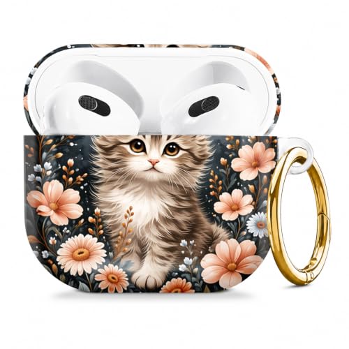 Compatible with AirPod 4 Case 2024, Cute Hard Plastic Protective Cover for Airpod 4th Generation Women, Shockproof Shell Skin with Gold Ring Keychain,Cute Cat Floral - color: Cute Cat Floral