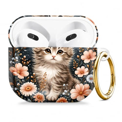 Compatible with AirPod 4 Case 2024, Cute Hard Plastic Protective Cover for Airpod 4th Generation Women, Shockproof Shell Skin with Gold Ring Keychain,Cute Cat Floral - color: Cute Cat Floral