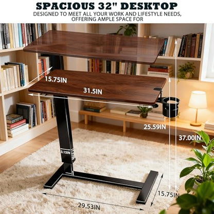 Adjustable Overbed Bedside Table with Wheels, Walnut Finish | Rolling Tray Desk, Height-Adjustable
