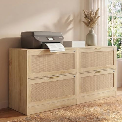 HOPUBUY 2 Drawer File Cabinet with Lock, Printer Stand Lateral | Home Office and School, Wood Rattan Filing Cabinet for Hanging Files/Letter/Legal/A4/F4 Size, Natural, 2Drawer, Set of 2 - color: Natural, size: Set2