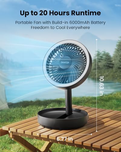 Gaiatop Foldable Desk Fan with Night Light, 6.8in Portable Travel Fan | 6000mAh Battery Powered Fan, USB Rechargeable, Bedroom Office Camping Travel & Cruise Essentials, Gifts for Women Men, Black - color: Black