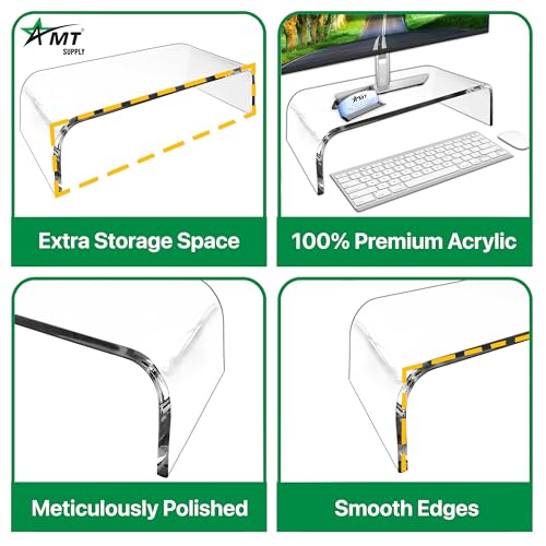 AMT Acrylic Laptop Monitor Stand & Computer Riser with Cat Keyboard Protector, Space-Saving Design, Extra Storage, Clear Shelf - Ideal for Monitors, Laptops, Printers, Desktop Decor