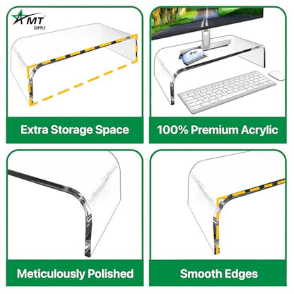 AMT Acrylic Laptop Monitor Stand & Computer Riser with Cat Keyboard Protector, Space-Saving Design, Extra Storage, Clear Shelf - Ideal for Monitors, Laptops, Printers, Desktop Decor