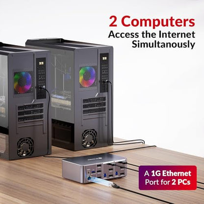 AV Access 8K DisplayPort KVM Docking Station 3 Monitors 2 PCs, with 6 DP Cables, 3xUSB 3.0 Hub, GbE, 8K@60Hz 4K@165Hz KVM Switch Triple Monitors 2 Desktops, SD, Audio, All-Aluminum, for HP, Dell - size: D23
