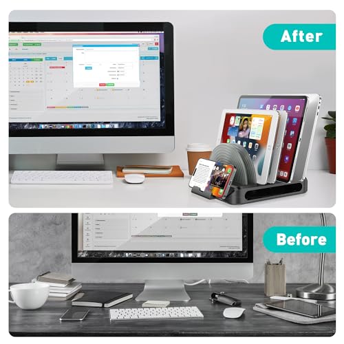 Vertical Laptop Stand Holder & Desk Organizer Rack - Adjustable Dock for MacBook, iPad, Phone (6-in-1 Multi Device Storage System with 360° Rotation) - color: Black