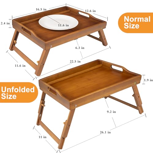 Greenual 2 Pack Bed Tray Table with Handles Folding Legs, Bamboo Breakfast Food Tray with Media Slot, Use As Platter, Laptop Desk, Snack, TV Tray Kitchen Serving Tray(Brown) - color: Brown