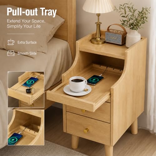 POWERSTONE Narrow Nightstand with 2 Drawers Set of 2, Solid Wood Bedside Table with Pull Out Tray & Cable Hole & Slots, Slim End Side Table for Small Spaces Bedroom, Living Room, Natural - color: Natural