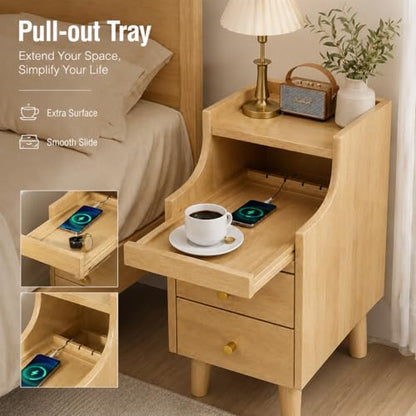 POWERSTONE Narrow Nightstand with 2 Drawers Set of 2, Solid Wood Bedside Table with Pull Out Tray & Cable Hole & Slots, Slim End Side Table for Small Spaces Bedroom, Living Room, Natural - color: Natural