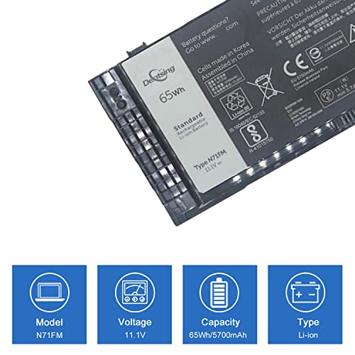 N71FM Battery Compatible with Dell Precision M4600 M4700 M4800 M6600 M6700 M6800 Series Notebook PG6RC FJJ4W T3NT1 11.1V 65Wh/5700mAh 6-Cell - size: 8.23*3.23*0.91 inch N71FM