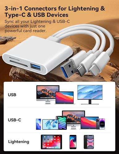 SD Card Reader for iPhone iPad Laptop 3-in-1 Connectors Memory Card Adapter with Dual Slots & USB Port Trail Game Camera Viewer for iPhone Mac MacBook Android Laptop White - size: Three USB-C Lightening USB-A plugs