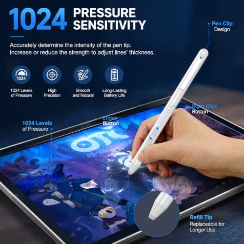 Active Pen for HP Omnibook Envy x360 Spectre Pavilion, Palm Rejection | 1024 Pressure Levels, 300-Day Battery, Dual Side Button, No Bluetooth, MPP 1.51 for Drawing & Note-taking - color: Silvery