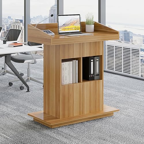 Portable Floor Standing Podium with Storage, Wooden Base Lectern for Church, Conference & Speech, Large Desktop Presentation Pulpit (Log Color) - color: Log Color