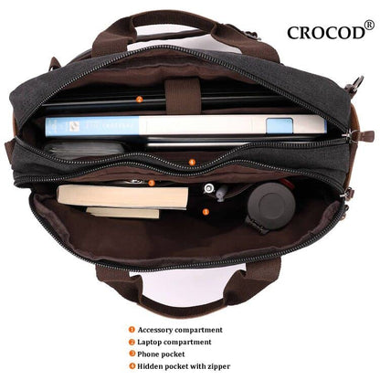CROCOD 3 In 1 Canvas Convertible Laptop Bag for Men Women, 17.3 inch Laptop Messenger Bag Work Briefcase, Computer Shoulder Bag for Travel Business Office (17.3 Inch, Black) - color: Black