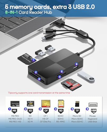 Memory Stick Pro Duo Adapter - 8 in 1 SD/TF/MS/CF/xD-Picture-Card Multi Computer Memory Card Readers with 3 USB 2.0 Ports for iPhone/Laptop/USB-C Device/Memory Stick Pro Duo Mark2/SD/XD Card Reader