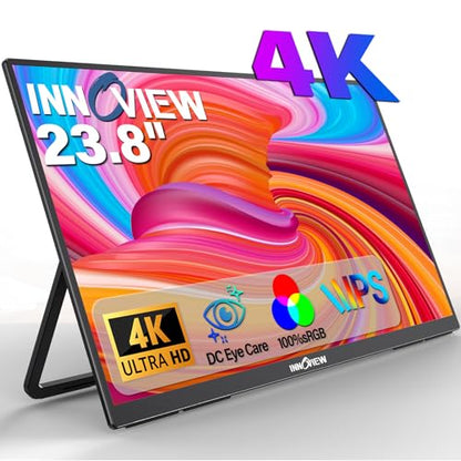 Innoview 23.8” 4K Large Portable Monitor, UHD (3840*2160) 100%sRGB IPS Speakers USB-C HDMI Work Home Second Monitor W/180°Adjustable Stand for Laptop, Desktop, Macbook, Phones, Tablet, PS5/4, Switch - size: 23.8 Inches