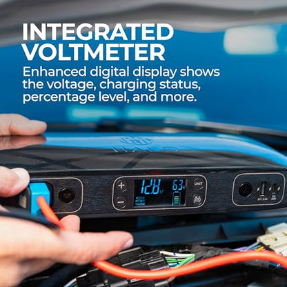 HALO Bolt Ultimate 2 Portable Car Battery Jump Starter | 130 PSI Air Compressor, 55.5Wh USB Power Bank with AC Outlet, Emergency Floodlight & Charger, Jumps Cars SUVs & Trucks, Inflates Tires — Blue - color: Blue