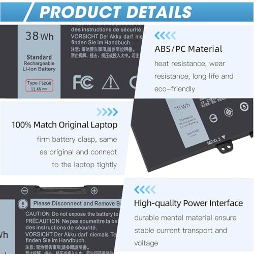 38Wh F62G0 Battery for Dell Inspiron 13 7000 7373 i7373 7386 2-in-1 7370 | 7380 5370 13-7373-0842 Series P83G P87G P91G P83G001 P83G002 P87G001 Vostro 13 5370 39DY5 039DY5 0F62G0 RPJC3 F62GO 11.4V - size: 10*2.5*0.35inch F62G0