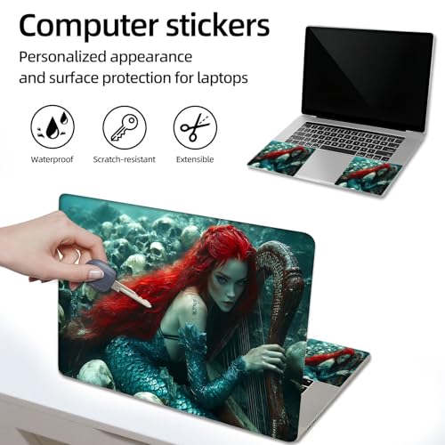 Aesthetic Laptop Skin Sticker, Red Haired Mermaid with Harp and Skulls Waterproof Vinyl Laptop Decal, Removable Bubble Free, Reusable Protective Cover for 13 14 15 15.6 Inch - color: Red Haired Mermaid with Harp and Skulls