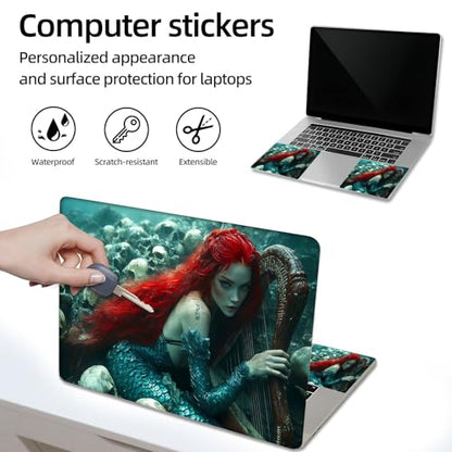 Aesthetic Laptop Skin Sticker, Red Haired Mermaid with Harp and Skulls Waterproof Vinyl Laptop Decal, Removable Bubble Free, Reusable Protective Cover for 13 14 15 15.6 Inch - color: Red Haired Mermaid with Harp and Skulls
