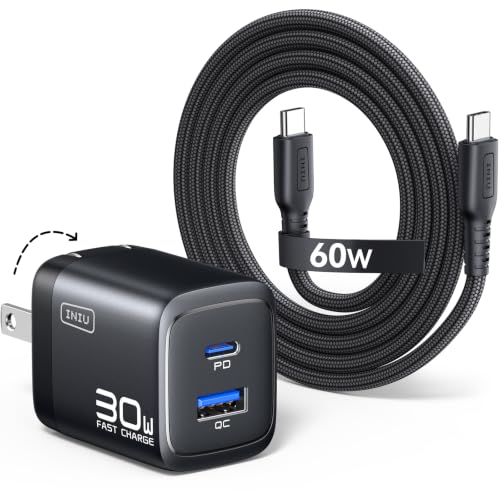 INIU Mini USB C Charger, 30W GaN Fast Charging ETL Certified Wall Adapter Block with Smart Phone Protection, Dual Port with 5ft Type C Cable for iPhone 17 iPad Samsung Google Switch etc [1-Pack Black] - color: Black, size: 1 Pack + 1 Cable